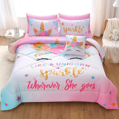 JQinHome Unicorn Twin Bedding Sets for Girls Kids,6 Piece Bed in A Bag 3D Colorful Flower Girl Unicorn Comforter Set with Sheet Set(Sparkle)