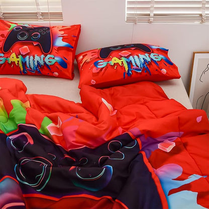 Aimuan Gaming Comforter Sets for Boys Kids Bedding Sets Video Games Console Action Buttons Novelty Colorful Game Gamepad Controller Modern Gamer Room Decor Home Quilt Set (Twin, Red)