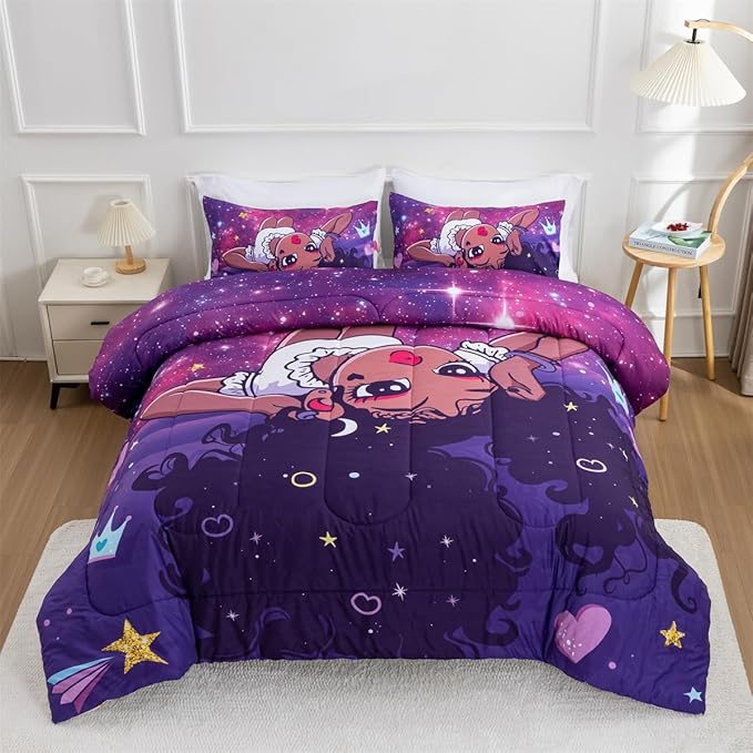 NTBED African American Black Girl Comforter Set Galaxy Afro Girl Microfiber Bedding Sets Twin Size