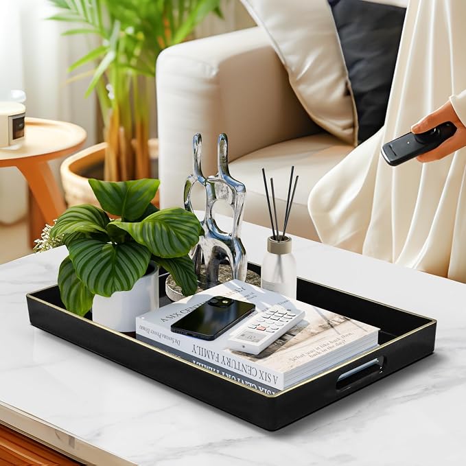 MAONAME Black Decorative Tray for Coffee Table, Serving Tray with Handles | Plastic Melamine Tray, Modern Ottoman Tray, Rectangular Countertop Organizer Tray for Living Room, 15.8"L x 10.2"W x 1.4"H