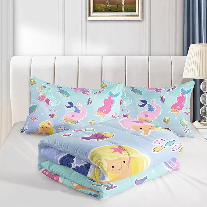 Datura home Girls Mermaid Comforter Set for Girls Women,Kawaii Mermaid Girls Play with Fish Printed Pattern Blue Kawaii Bedding Set with 2 Pillowcases(Girls Full)