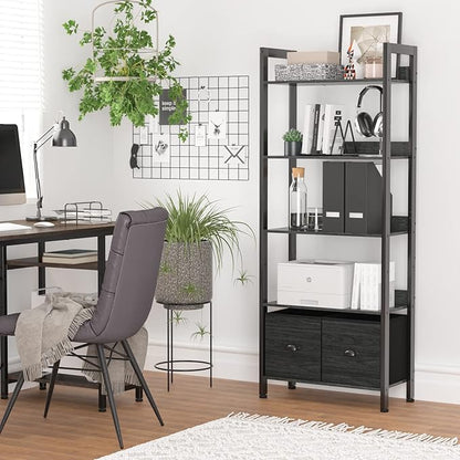 Furologee 5-Tier Bookshelf, Tall Bookcase with 2 Storage Drawers, Industrial Display Standing Shelf Units, Wood and Metal Storage Shelf for Living Room, Bedroom, Home Office, Black Oak