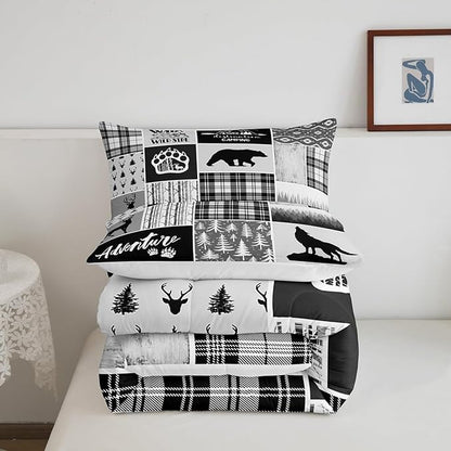 Manfei Deer Bear Comforter Set Twin Size,Pine Trees Christmas Bedding Set for Kids Boys Girls Adults Room Decor,Camping Adventure Rustic Farmhouse Down Comforter,Black Retro Duvet Insert,1 Pillowcase