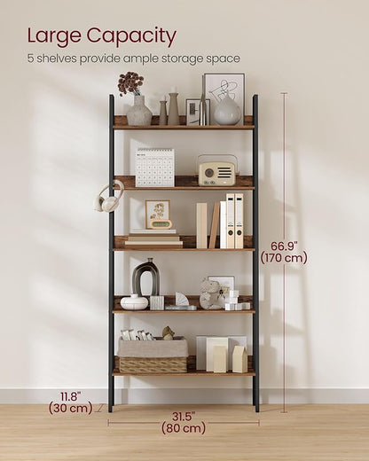 VASAGLE Bookshelf, 5-Tier Bookcase, Ladder Shelf for Home Office, Living Room, Bedroom, Kitchen, Rustic Brown and Ink Black ULLS129B01
