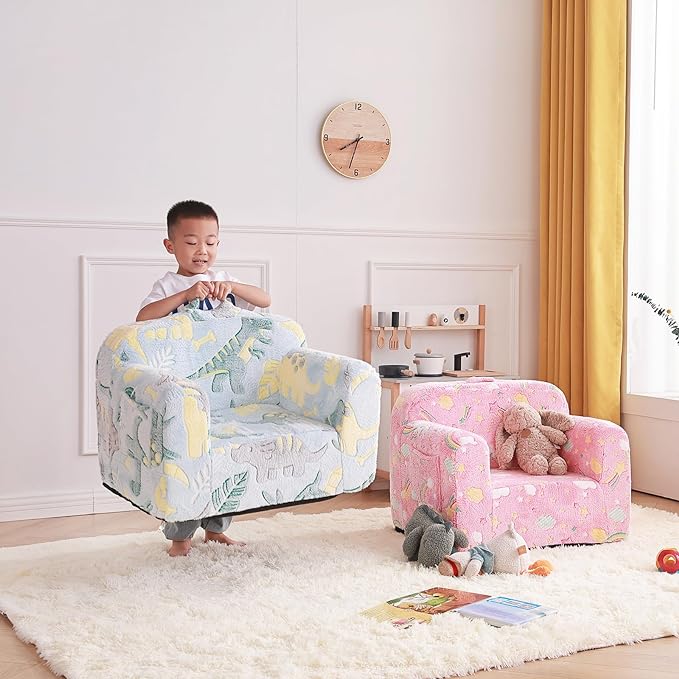 Tiita Kids Sofa, Children Couch with Carrying Handle & Side Pockets, Kids Foam Chair, Toddler Armrest Chair,Kids Read Sofa for Girl or Boy(Dark Grey Dinosaur)