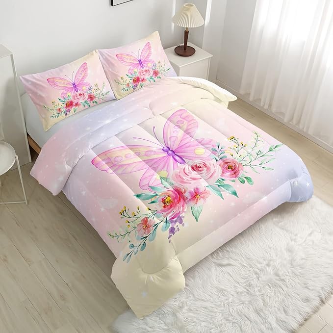 CVHOUSE Butterfly Comforter Set,Floral Butterfly Bedding Set for Girls Kids Teens,Flower Butterflies Comforter Butterflies Duvet Set Room Decor Quilt Set Twin Size