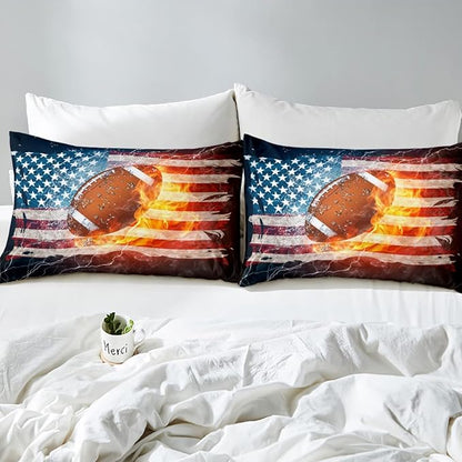 Boys American Football Comforter Set, United States Flag Down Comforter King Size, Soccer Sports Games Bedding Set for Kids Teens Adult Men, Geometric Stripes Retro Duvet Sets, Blue White and Red