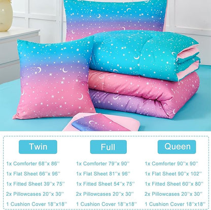 URBONUR 6 Pieces Twin Comforter Set for Girls Moon Star Printed Bedding Set on Gradient Pink Purple Blue, Soft Microfiber All Season Bed Sets for Kids Teen (Twin Size, 6PCS)
