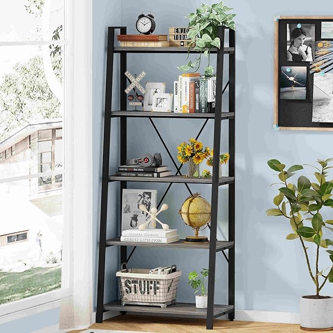 BON AUGURE 5-Tier Ladder Shelf, Industrial Leaning Bookcase, Wood and Metal Ladder Bookshelf for Living Room, Bedroom, Kitchen, Home Office (Grey Oak)