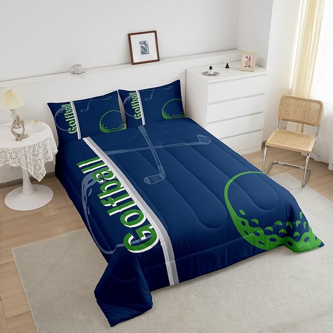 Feelyou Kids Golf Comforter Set Queen Size Ball Sports Bedding Set for Boys Girls Teens Bedroom Decor Golf Ball Lover Comforter Women Men Ball Games Duvet Set with 2 Pillow Case