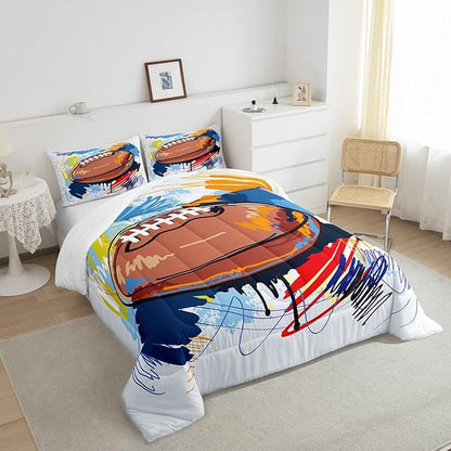 Boys Football Comforter Set Full Kids Teen Sports Bedding Set Bedroom Decor,Watercolor Tie Dye Hand Drawn Graffiti Football Bedding Comforter Sets Rugby Quilt Duvet 2 Pillow Cases Colorful Brown