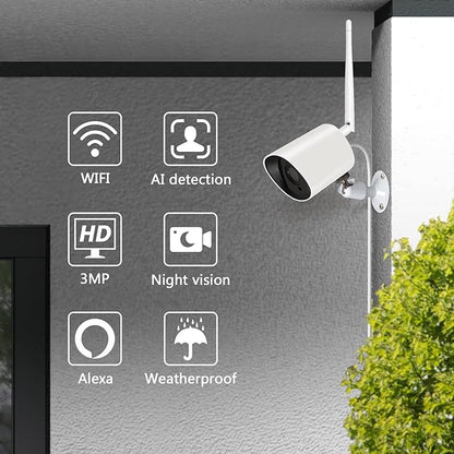 Rraycom 4Pack 2K Security Cameras Outdoor, 3MP WiFi IP Camera with Night Vision, Motion Detection, IP66 Waterproof, Cloud Storage, 24/7 Live View Video, Compatible with Alexa