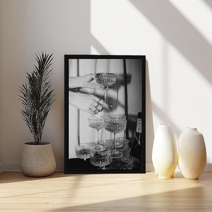 Champagne Glasses Wall , Black And White Art, Wine Glasses Poster, Bar Cart , Cocktail, Retro Photography, Bar Wall Decor Canvas Poster Bedroom Decor Sports Landscape Office Room Decor Gift Black Fram