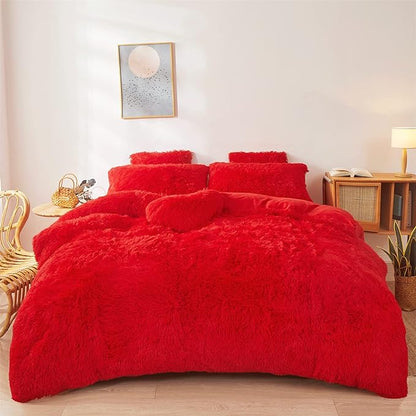 FOPPA Christmas red Comforter Cover Set Queen - Ultra Soft Plush red Bedding Sets 3 Pieces (1 Faux Fur Duvet Cover + 2 Faux Fur Pillow case) red Bed Set Queen (Red, Queen)