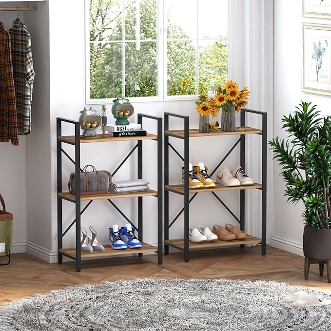 BON AUGURE Industrial 3 Tier Bookshelf, Rustic Small Book Shelves for Small Spaces, Short Wood Metal Etagere Bookcase for Living Room, Bedroom and Office (Vintage Oak)