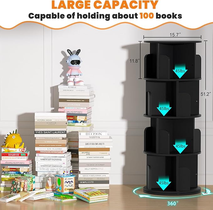 Rotating Bookshelf, Wood Corner Bookshelf, 360 Display Spinning Bookcase Storage Rack, 4 Tier Floor Standing Revolving Bookcase Narrow Book Shelf Organizer for Small Space, Bedroom, Black