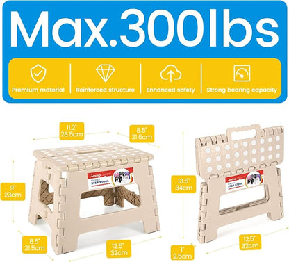 ACSTEP Folding Step Stool 9 Inch, Non-Slip Foldable Stools for Kids, Khaki | Heavy Duty Collapsible Foot Stool, Lightweight, Holds 300lb for Toddler/Adults Kitchen Bathroom Bedroom Outdoor, with Handle
