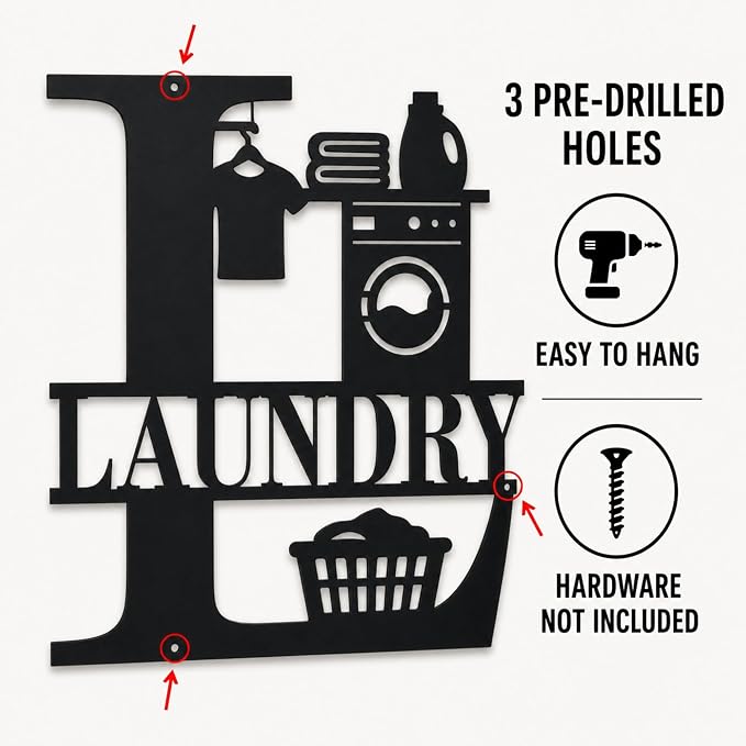 Laundry Room Metal Wall Decor, Farmhouse Laundry Sign, 14 Inch | 14-inch matte black metal laundry room sign with pre-drilled holes for farmhouse, modern, or rustic wall decor.