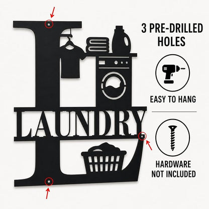 Laundry Room Metal Wall Decor, Farmhouse Laundry Sign, 14 Inch | 14-inch matte black metal laundry room sign with pre-drilled holes for farmhouse, modern, or rustic wall decor.