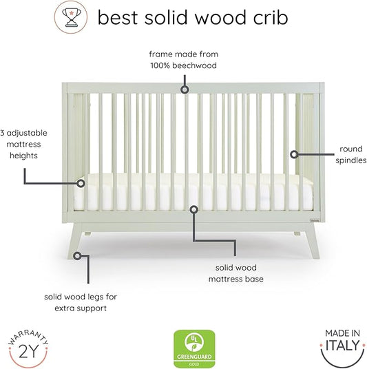 dadada Baby Soho 3-in-1 Convertible Crib to Toddler Bed – Wooden Crib Made in Italy, GREENGUARD Gold Certified Small Baby Crib – Baby-Safe Finish, Modern Design (Sage)