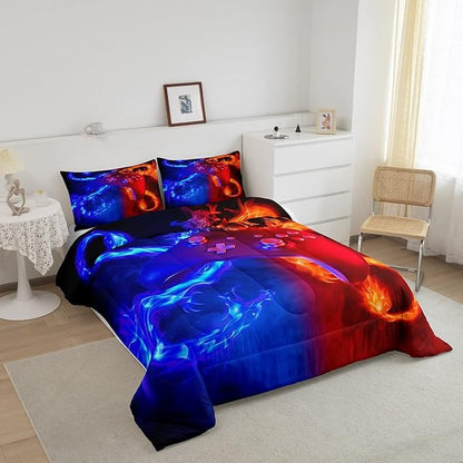Ice Fire Dragon Comforter Set for Boys Teens Kids Gamer Games Room Decor Bedding Set Blue Red Gaming Gamepad Down Comforter ,Fairy Tale Animals Theme Room Decor 2Pcs Duvet Insert Twin Size,Soft