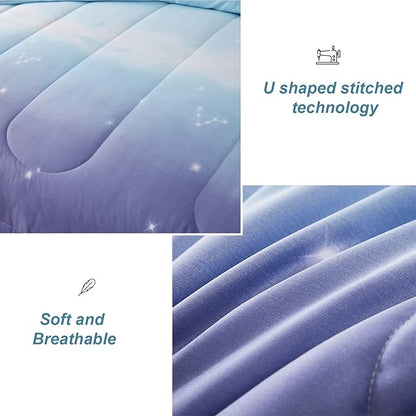 Girls Comforter Set Twin XL Size 6 Pieces Colorful Ombre Blue Purple Rainbow Bedding Set Bed in A Bag for Kids Teen Girls (1 Comforter, 1 Flat Sheet, 1 Fitted Sheet, 1 Pillow sham, 2 Pillowcases)