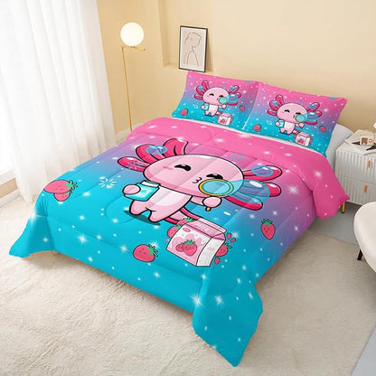 Kawaii Axolotl Comforter,Pink Salamander Comforter Set for Kids Teens Girls,3Pcs Bedding Set Printed Comforter with 2 Pillowcases,Down Alternative,Soft and Lightweight(Pink，Full Size)