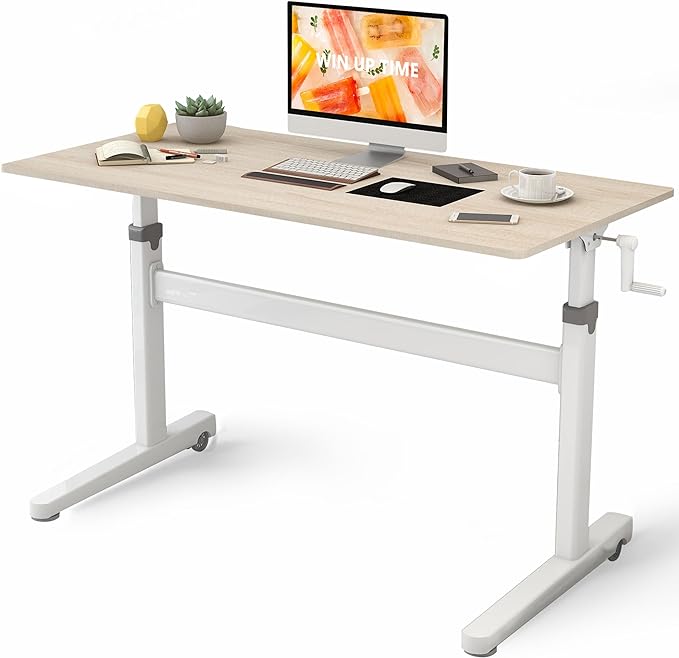 Manual Standing Desk Adjustable Height- Crank Mobile Standing Desk 55 x 24 Inches Sit Stand Desk Frame & Top, Stand Up Desk on Wheels, Computer Desk White Frame & Maple