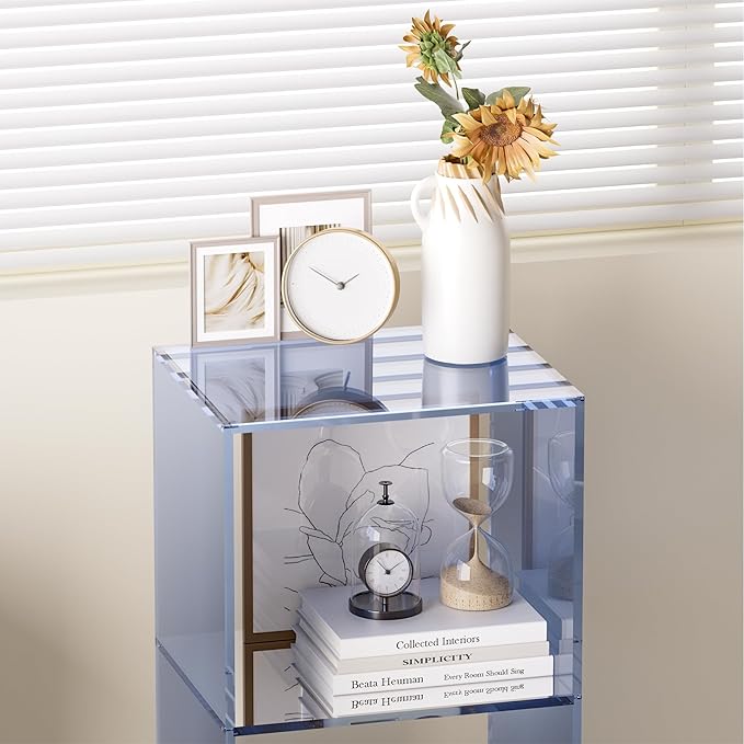 Acrylic Bookcase, 3 Tier Clear Floor Standing Bookshelf, 31.5 inch Tall Display Cube Storage Shelf Home Decor Furniture for Home, Office, Living Room, Bedroom - Transparent Blue