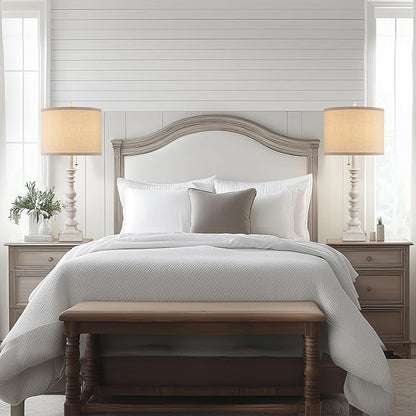 Farmhouse Table Lamps for Bedroom Set of 2, 29.5" Tall Rustic Bedside Lamp with USB Ports and AC Outlet, Vintage Nightstand Table Lamp for Living Room with Linen Drum Shade, White, Pull Chain