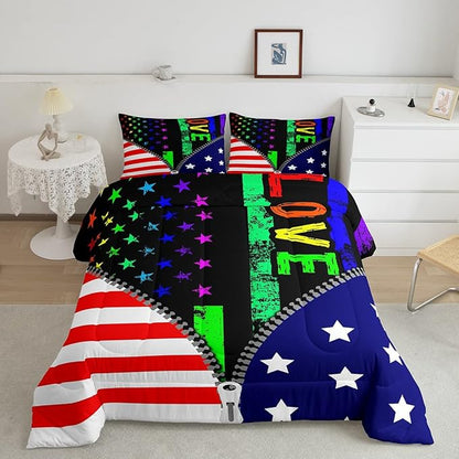 Erosebridal American Flag Comforter Set Rainbow Pride Bedding Set Queen Size for Kids Boys Teens Bedroom,USA Federations Stars Stripes Down Comforter Unique Zipper Design Quilted Duvet, Colorful