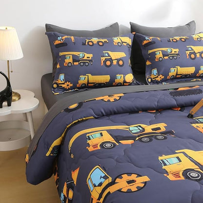 Wajade 7 Piece Construction Truck Kids Comforter Set for Boys Full Size 3D Vehicles Excavator Cars Bedding Set for Kids Teens(1 Comforter, 1 Flat Sheet, 1 Fitted Sheet, 2 Pillowcase and 2 Pillow Sham)