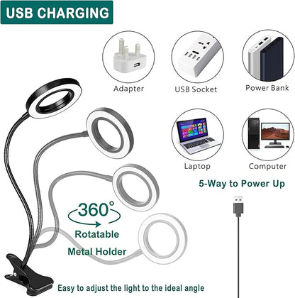 Foneso Desk Lamp Clip on Light, 48 LED USB Lamp with 3 Color Modes 10 Brightness Levels, 360° Flexible Gooseneck Eye Protection Bed Night Light for Reading, Makeup, Fill Light (Black)
