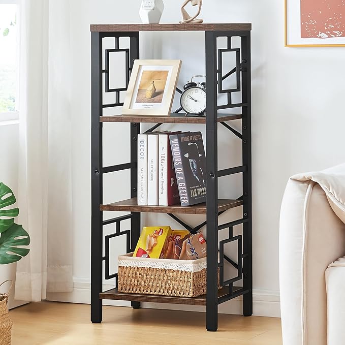 Bookshelf, Vintage Industrial 4 Tier Bookshelf, Freestanding Narrow Bookcase with Rustic Wood and Metal, Small Bookshelf for Home Office, Bedroom & Living Room, Retro Brown