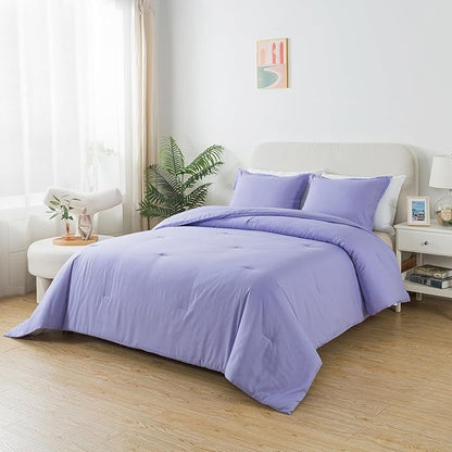 Queen Lavender Purple Comforter Set, Solid Luxury Skin-friendly Boho Bedding Set & Collections, Breathable Fluffy Microfiber 3 PCS (90"x90") Comforter Set for All Seasons with Pillowcases