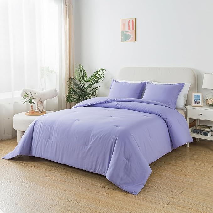 Lavender Purple Comforter Set King Size, Solid Luxury Skin-friendly Boho Bedding Set & Collections, Breathable Fluffy Microfiber 3 PCS (104"x90") Comforter Set for All Seasons