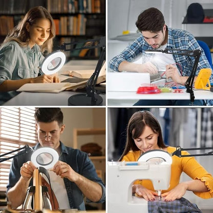 2-in-1 Large Magnifying Glass with Light and Stand-Lighted Magnifying Glass Magnifying Lamp 5 Color Modes Stepless Dimmable-Hands Free Desk Magnifying Glass with Light for Close Work Reading Repair