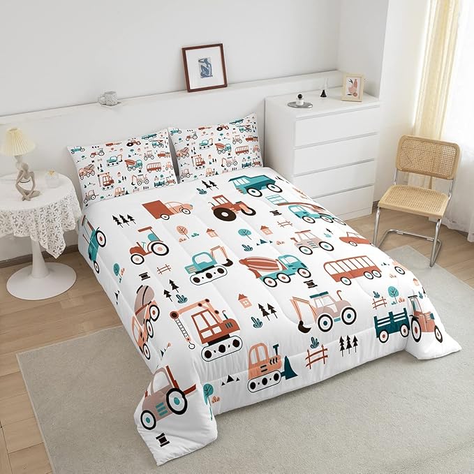 Boys Cartoon Car Comforter Set, Kids Construction Cars Trucks Comforter for Cartoon Botanical Truck Bedding Set Cute Cars Quilt with 2 Pillowcases 3Pcs Bedding Full Boys