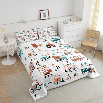 Boys Cartoon Car Comforter Set, Kids Construction Cars Trucks Comforter for Cartoon Botanical Truck Bedding Set Cute Cars Quilt with 2 Pillowcases 3Pcs Bedding Full Boys