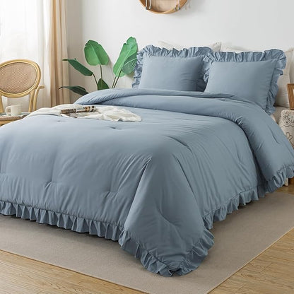 Andency Grayish Blue Twin Size Comforter(66x90Inch), 2 Pieces(1 Ruffle Comforter and 1 Pillowcase) Solid Farmhouse Shabby Chic Comforter, Lightweight and Soft Microfiber Bedding Set for All Season