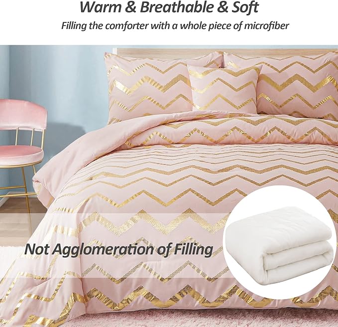 Pink Comforter Set Queen Size, Metallic Blush and Rose Gold Bedding Set, 4 Piece Lightweight Microfiber Bed Set for Teen Girls Women (2 Pillow Shams + 1 Decorative Pillow Sham)