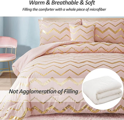 Pink Comforter Set King Size, Metallic Blush and Rose Gold Bedding Set, 4 Piece Lightweight Microfiber Comforter for Teen Girls Women (2 Pillow Shams + 1 Decorative Pillow Sham)