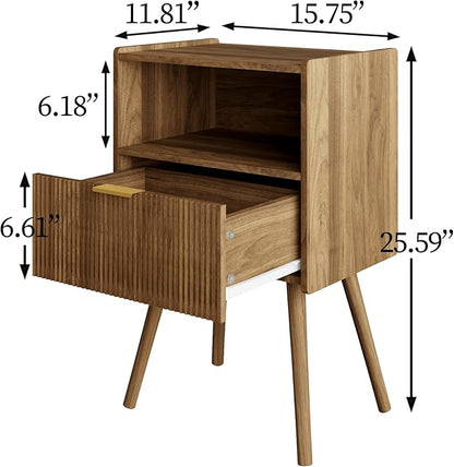 Nightstand,Modern Bedside Table with Storage Drawer and Open Wood Shelf, Accent Night Stand with Solid Wood Legs for Living Room, Bedroom and Small Spaces,Easy Assembly (Walnut Brown)