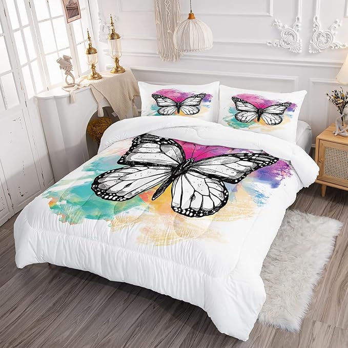 CVHOUSE Butterfly Bedding Set,Butterfly Comforter King,Butterfly Comforter Set for Girls Kids Teens,Butterflies Quilt Set with 1 Comforter and 2 Pillow Cases- 3 Piece