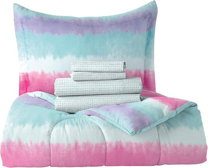 dream FACTORY Kids 7-Piece Complete Set Easy-Wash Super Soft Microfiber Comforter Bedding, Full, Purple Multi Tie Dye Stripe