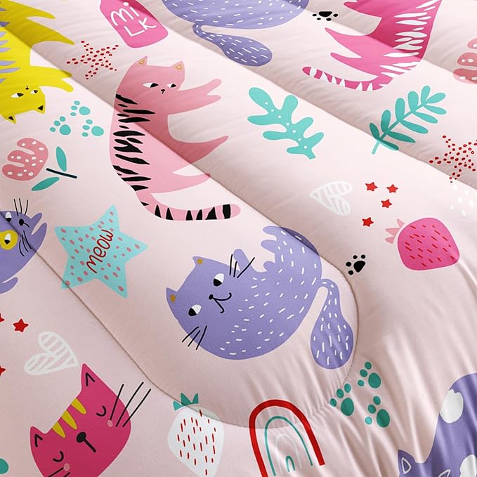 Kawaii Cats Comforter King Size,Pink Cats Kids Comforter Set,3Pcs Bedding Set Printed Comforter with 2 Pillowcases,Down Alternative,Soft and Lightweight,for All Seasons