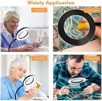 Magnifying Glass with Light and Stand 10X, Craft Lamp Adjustable Gooseneck Clip on Lamp 12W 3 Colors Dimmable LED Desk Lamp Lighted magnifying glass for Working,Studying Crafting Professionals