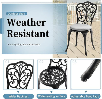 3 Piece Bistro Patio Set Cast Aluminum Bistro Table and Chairs Set of 2 with Cushion,Outdoor Bistro Table Set with Umbrella Hole,Metal Patio Furniture Set for Garden,Black