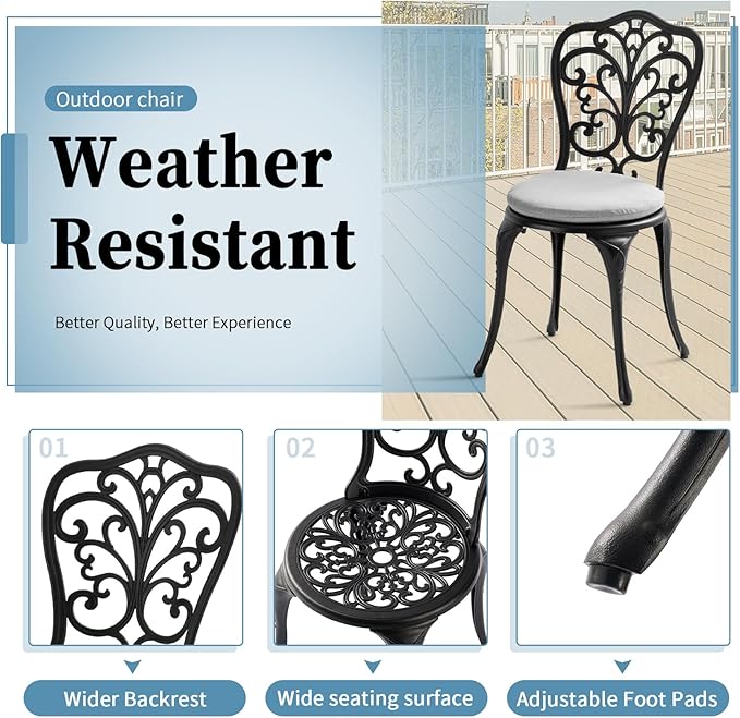 Patio Bistro Set 3 Piece Outdoor, All Weather Bistro Table and Chairs Set of 2 with Umbrella Hole, Outdoor Bistro Set with Cushions, Cast Aluminum Patio Furniture Set for Garden Porch