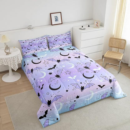 Feelyou Halloween Comforter Rainbow Comforter Set for Boys Girls Children Bat Moon Star Print Bedding Set Halloween Theme Purple Gradient Style Room Decor Queen Size Duvet Set 3Pcs